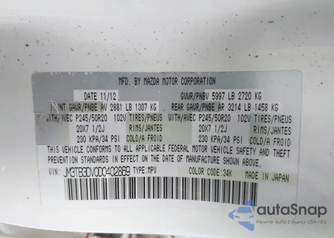 2013 Mazda Cx-9 Grand Touring z USA, uszkodzony, nr VIN JM3TB3DV0D0402869